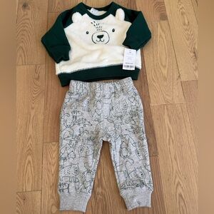 Carter's Sweat Suit Set Green and Cream Fuzzy  Bear Sweatshirt & Pants Sz 6 Mos